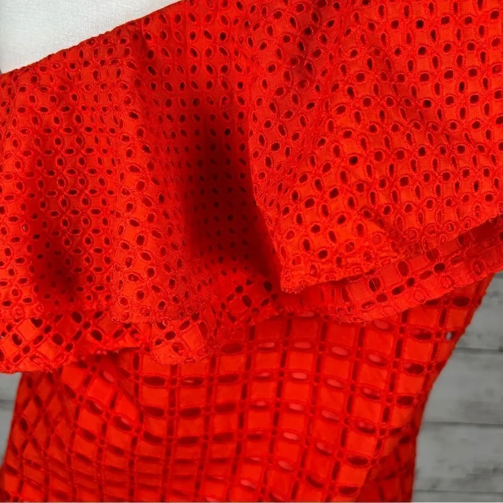 J. Crew One Shoulder Cotton Eyelet Ruffle Red Lined Top 2 Runs Medium 6/8